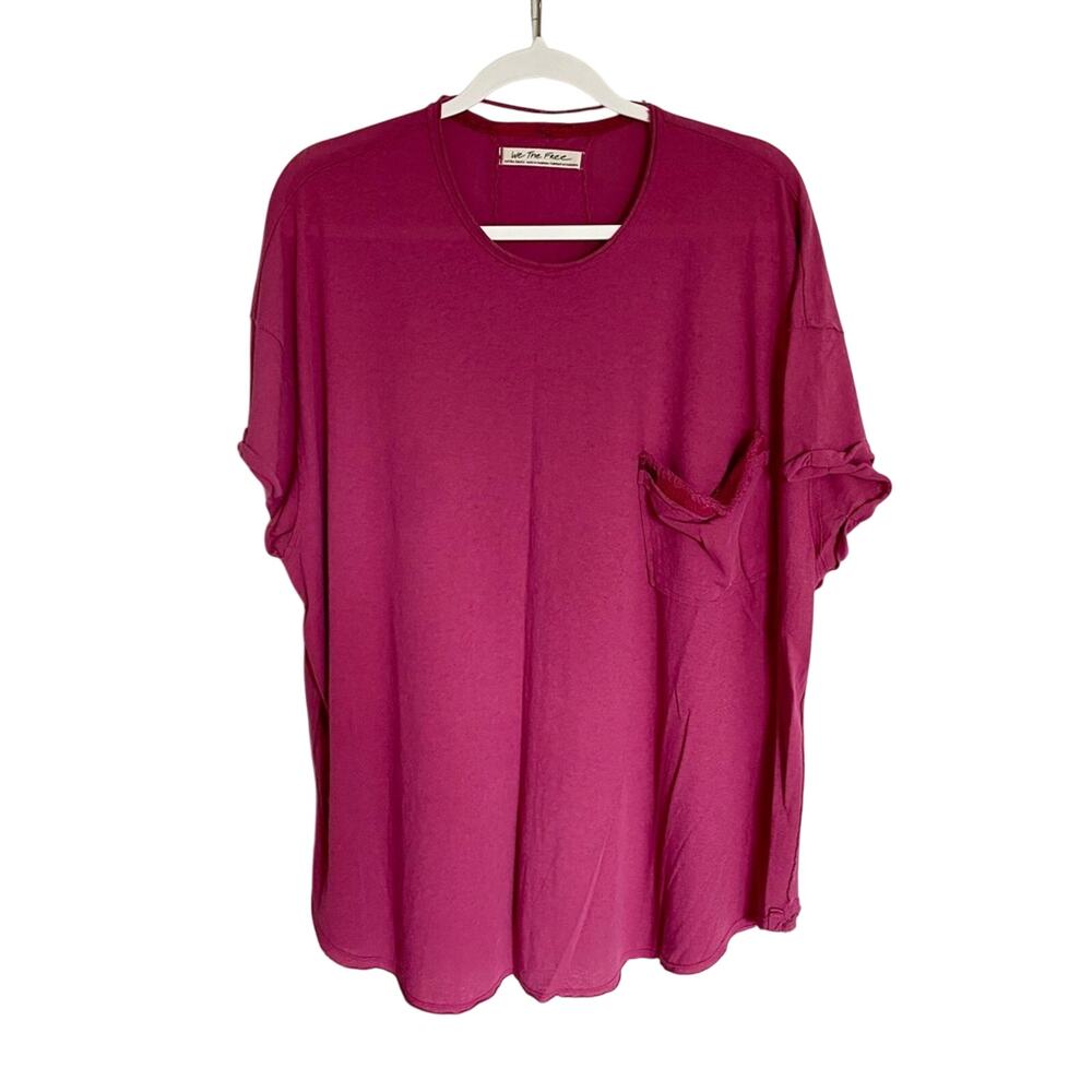 We the Free Cotton Blend Round Neck Oversized Boho Chic Pocket Cuff Sleeve Tee